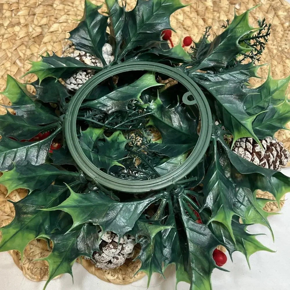 Vintage Candle Ring Wreath MCM Mid Century Flocked Red Berries Holly Pinecones